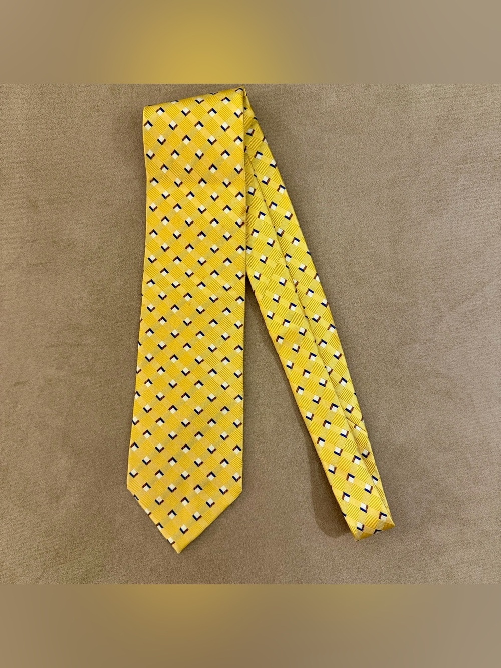 Yves Saint Laurent Vintage Yellow Blue White Geometric Woven Silk Tie YSL